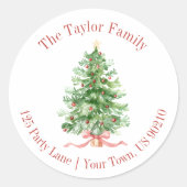 Waterverf kerstboomruitadres ronde sticker (Voorkant)