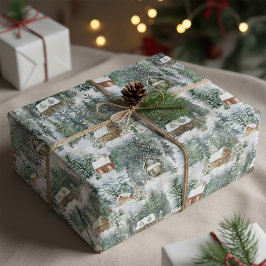 Waterverf kerstbos Cabins Cadeaupapier