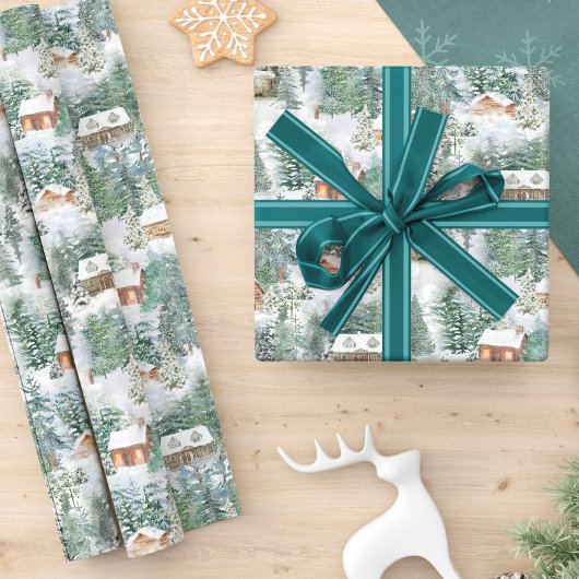 Waterverf kerstbos Cabins Cadeaupapier