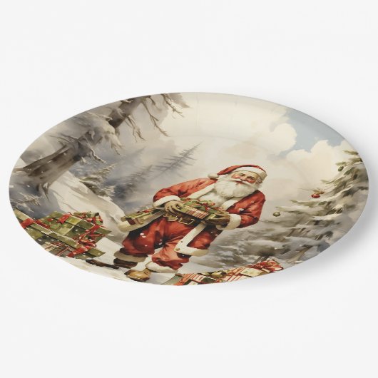 Waterverf Kerstbos Santa met Cadeaus Papieren Bordje (Gekanteld)