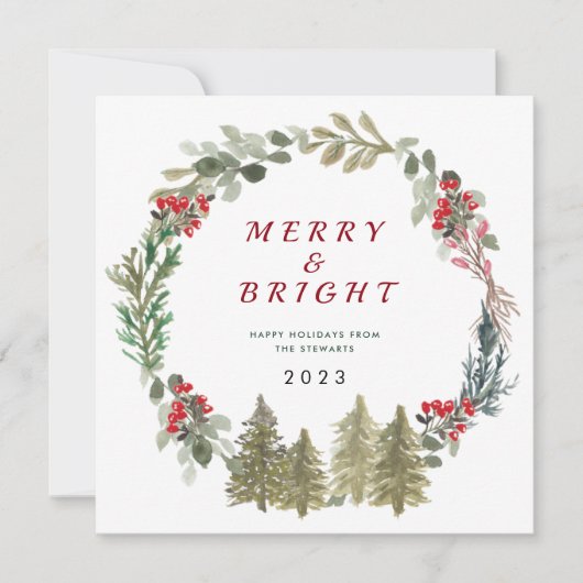 Waterverf Kerstbos Vrolijk en helder Feestdagenkaart (Voorkant)