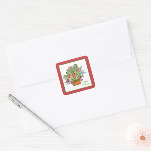 Waterverf kerstbotanische bouquet vierkante sticker (Envelop)