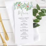 Waterverf kerstbruiloft Menus Menu<br><div class="desc">Deze elegante menu-kaarten voor de avondmaal zijn ontworpen om te coördineren met mijn collectie voor de waterverf van Griekenland en kunnen worden gepersonaliseerd met uw namen en maaltijden. Ze hebben mijn oorspronkelijke waterverf kerstgrienery met rode bessen. Het woordmenu wordt geplaatst in een modern kalligrafiekmanuscript in groenbedekking. De botanische kaart keert...</div>