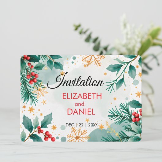 Waterverf Kerstbruiloft met Holly Kaart (Staand voorkant)