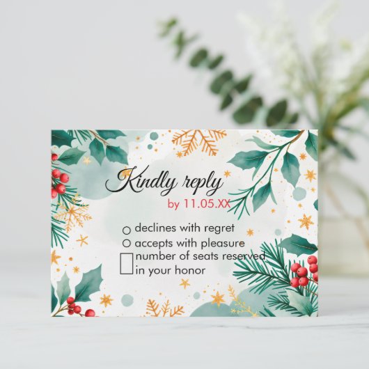 Waterverf Kerstbruiloft RSVP Kaart – Holly (Staand voorkant)