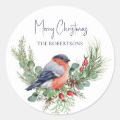 Waterverf Kerstbullfinch wintervogel Ronde Sticker (Voorkant)
