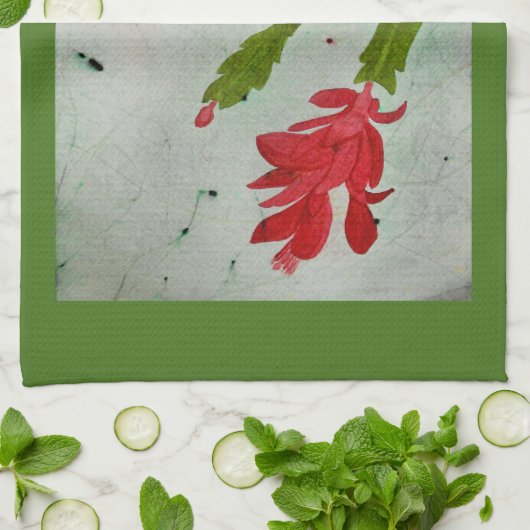 Waterverf kerstcactus theedoek (Gevouwen)