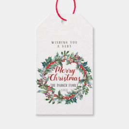 Waterverf kerstcadeau label | Evergreen krans Cadeaulabel