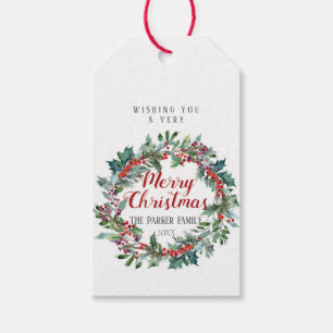 Waterverf kerstcadeau label   Evergreen krans Cadeaulabel