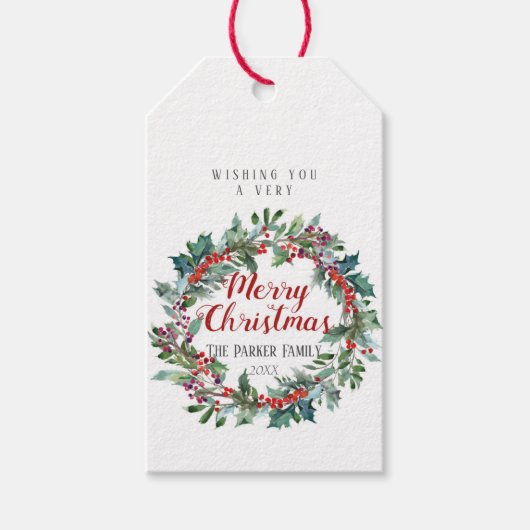 Waterverf kerstcadeau label | Evergreen krans Cadeaulabel (Voorkant)
