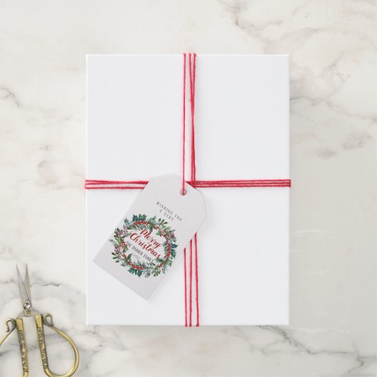Waterverf kerstcadeau label | Evergreen krans Cadeaulabel (Met Touw)