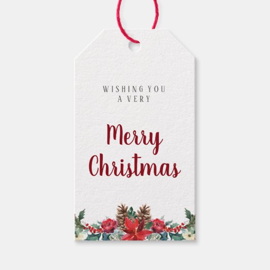 Waterverf kerstcadeau label | Winter rode bloemen Cadeaulabel (Voorkant)