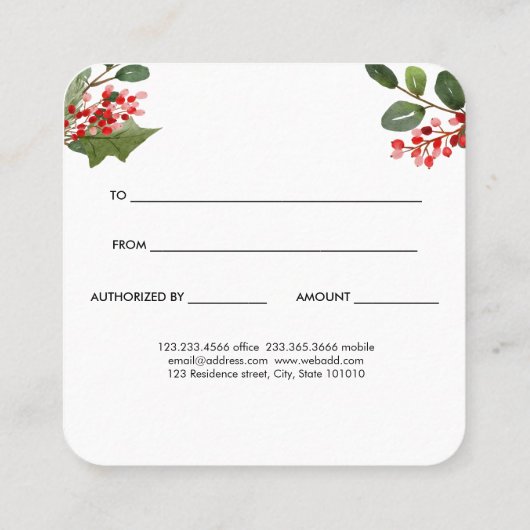 Waterverf kerstcadeau voor Berry Holly Kortingskaartje (Achterkant)