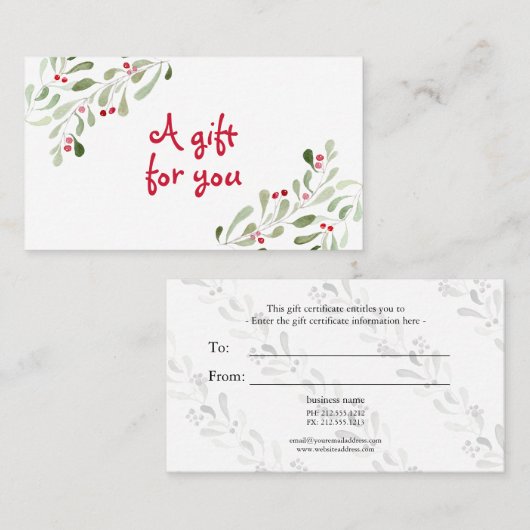 Waterverf kerstcadeaubon visitekaartje (Voorkant / Achterkant)