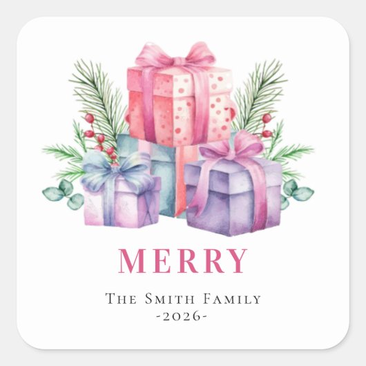 Waterverf kerstcadeaus vierkante sticker (Voorkant)