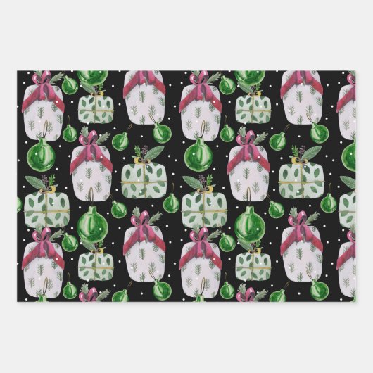 Waterverf kerstcadeautjes en siervoorwerpen inpakpapier vel (Voorkant 3)