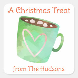 Waterverf kerstcadeautjes met warme chocolade vierkante sticker