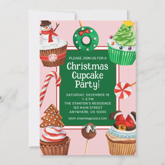 Waterverf kerstcupcake decoratie partij kaart (Voorkant)