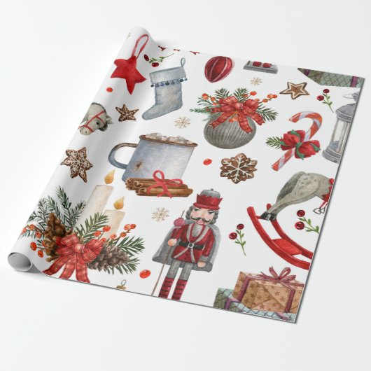 Waterverf kerstdecoratiepatroon cadeaupapier (Uitgerold)