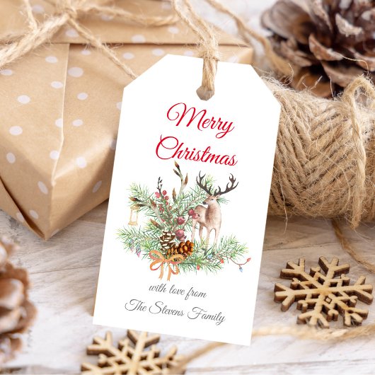 Waterverf Kerstdennennen en dennenpitten met herte Cadeaulabel