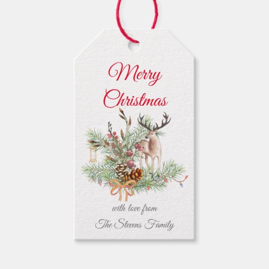 Waterverf Kerstdennennen en dennenpitten met herte Cadeaulabel (Voorkant)