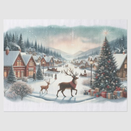 Waterverf Kerstdorp met rendieren Tissuepapier (Voorkant)