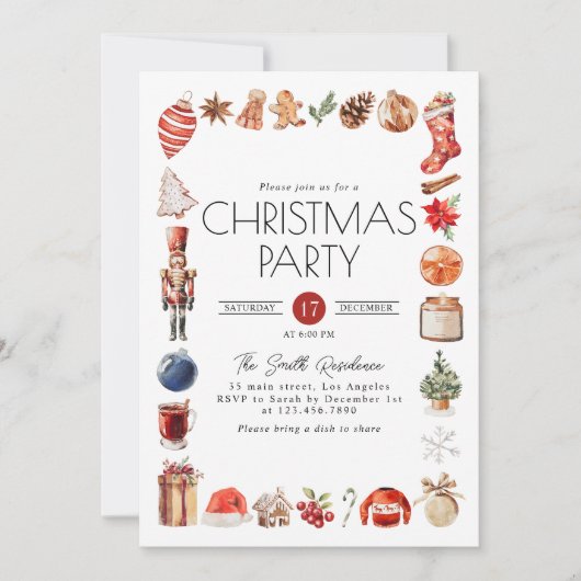 Waterverf Kerstelementen Dinner Party Kaart (Voorkant)