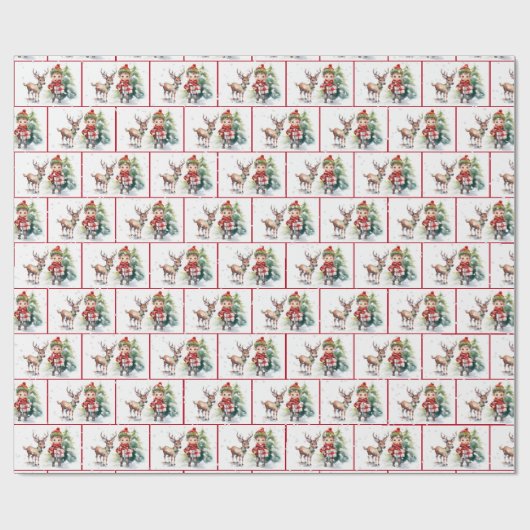 Waterverf kerstelf en rendieren in sneeuwvlokken cadeaupapier (Vlak)