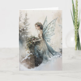 Waterverf Kerstfee met Boeket in Sneeuw Kaart