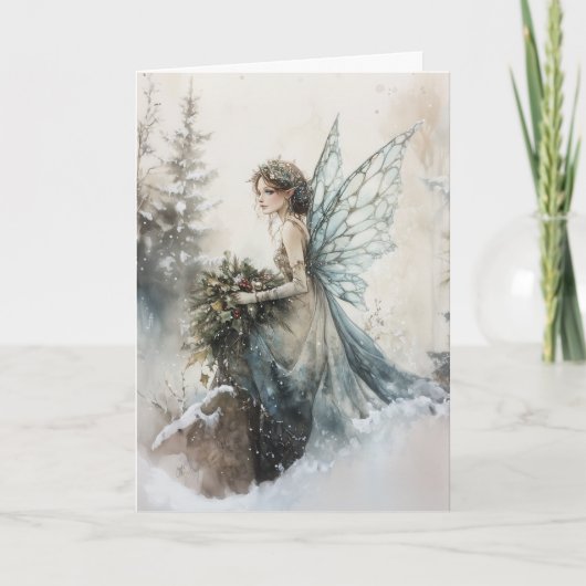 Waterverf Kerstfee met Boeket in Sneeuw Kaart (Voorkant)