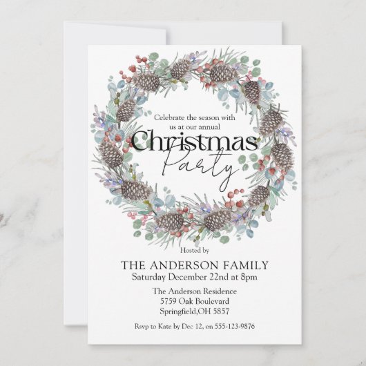Waterverf Kerstfeest Botanische Krans Kaart (Voorkant)