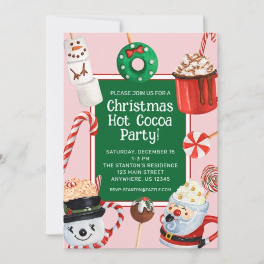 Waterverf Kerstfeest Hot Cocoa Chocolate Party Kaart (Voorkant)