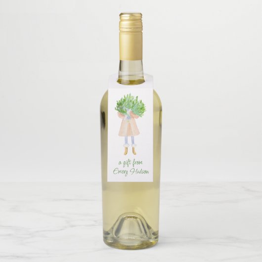 Waterverf kerstfeest Mode meisje met Greenery Flessenhanger (Op fles)