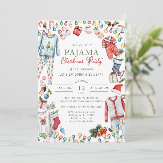 Waterverf Kerstfeest Pajama Uitnodiging (Staand voorkant)