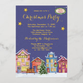 Waterverf kerstfeest Sneeuwdorp Folie Uitnodiging (Voorkant)