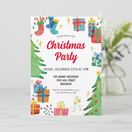 Waterverf kerstfeest uitnodiging (Staand voorkant)