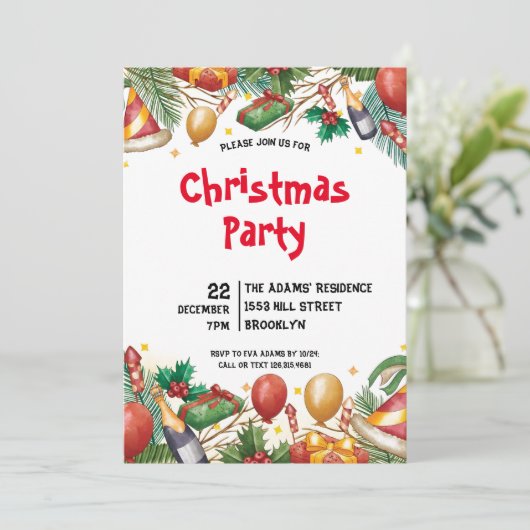 Waterverf kerstfeest uitnodiging (Staand voorkant)