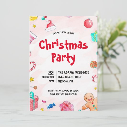 Waterverf kerstfeest uitnodiging (Staand voorkant)