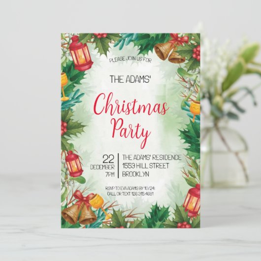 Waterverf kerstfeest uitnodiging (Staand voorkant)