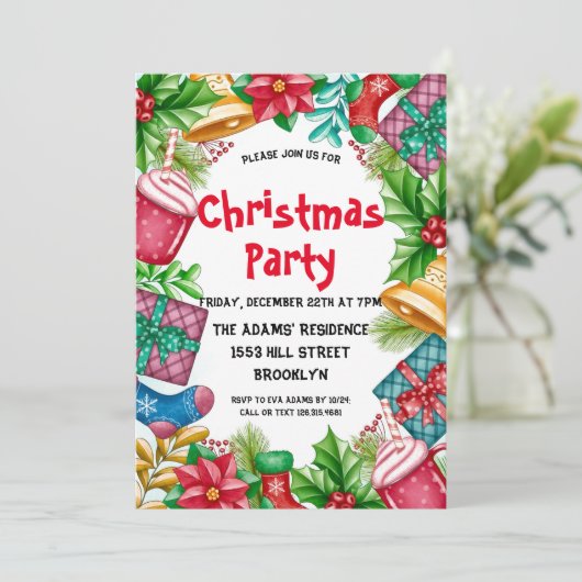 Waterverf kerstfeest uitnodiging (Staand voorkant)
