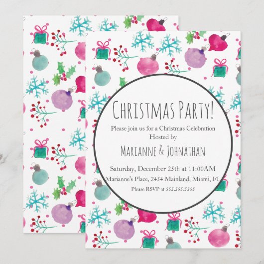 Waterverf Kerstfeest Versiering Holiday  Kaart (Voorkant / Achterkant)