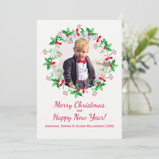 Waterverf kerstfeestdag foto feestdagenkaart (Staand voorkant)