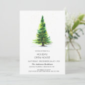 Waterverf kerstfeestdag in Pine Tree Open House Kaart (Staand voorkant)