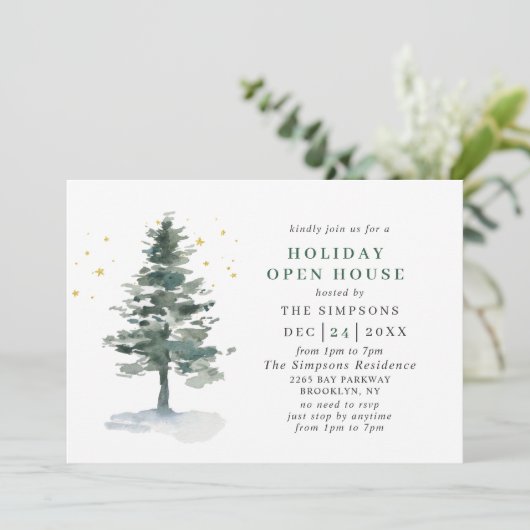 Waterverf kerstfeestdag in Pine Tree Open House Kaart (Staand voorkant)