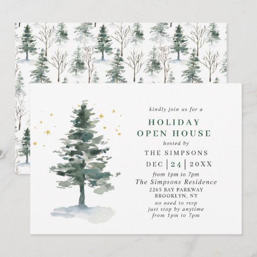 Waterverf kerstfeestdag in Pine Tree Open House Kaart (Voorkant / Achterkant)