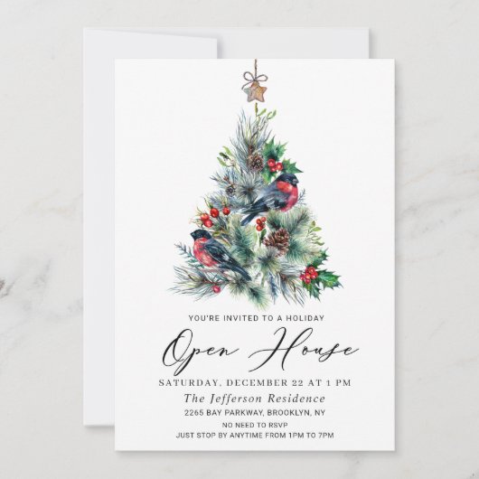 Waterverf kerstfeestdag in Pine Tree Open House Kaart (Voorkant)
