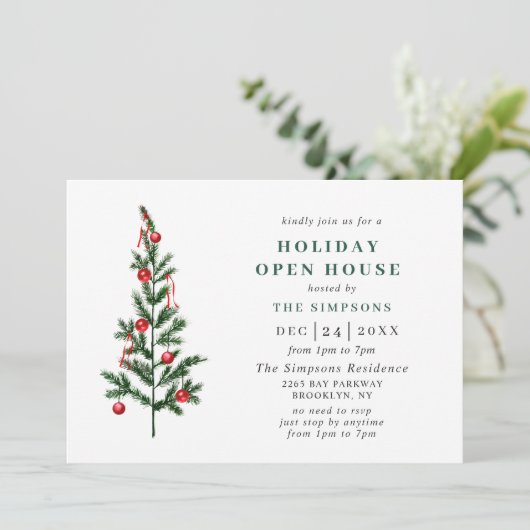Waterverf kerstfeestdag in Pine Tree Open House Kaart (Staand voorkant)