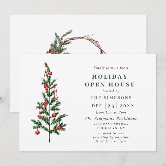 Waterverf kerstfeestdag in Pine Tree Open House Kaart (Voorkant / Achterkant)