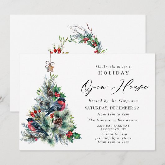Waterverf kerstfeestdag in Pine Tree Open House Kaart (Voorkant / Achterkant)