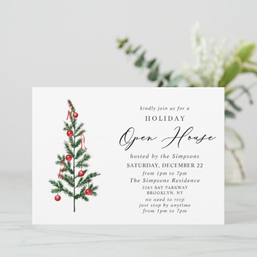 Waterverf kerstfeestdag in Pine Tree Open House Kaart (Staand voorkant)